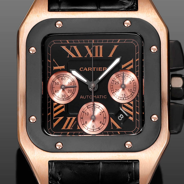 CARTIER SANTOS CHRONOGRAPH WATCH ROSE GOLD CASE WITH BLACK LEATHER STRAP