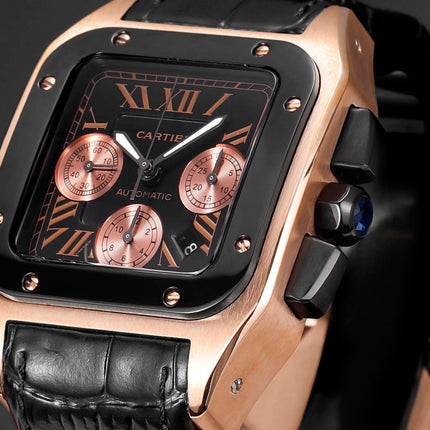 CARTIER SANTOS CHRONOGRAPH WATCH ROSE GOLD CASE WITH BLACK LEATHER STRAP
