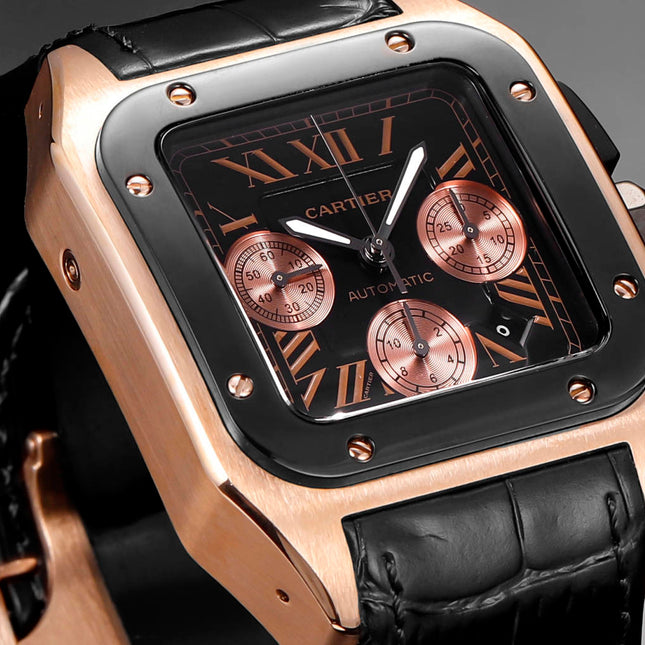 CARTIER SANTOS CHRONOGRAPH WATCH ROSE GOLD CASE WITH BLACK LEATHER STRAP