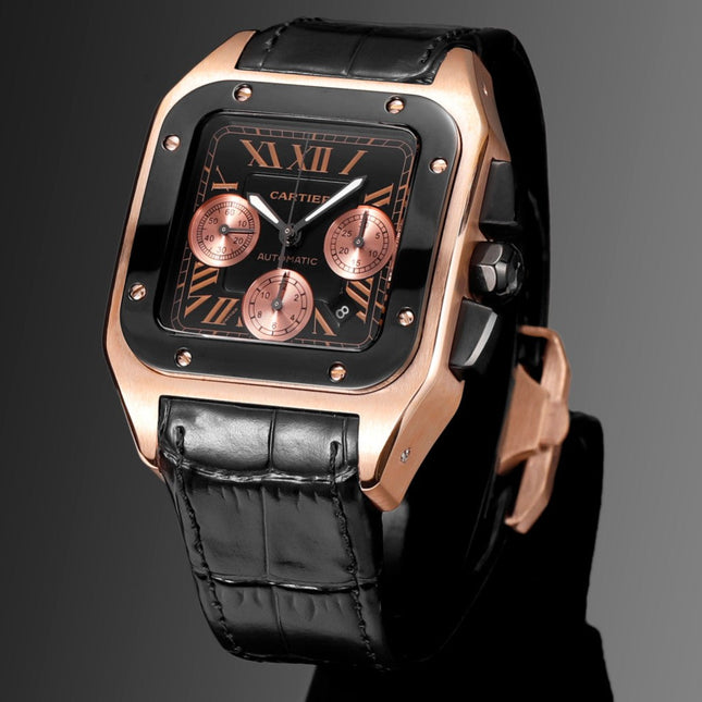 CARTIER SANTOS CHRONOGRAPH WATCH ROSE GOLD CASE WITH BLACK LEATHER STRAP