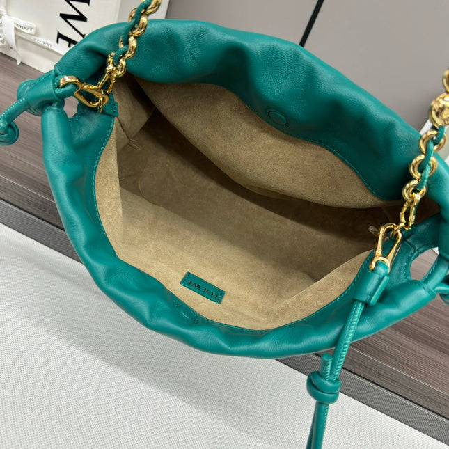 LOE MEDIUM 30 FLAMENCO PURSE BUCKET IN TEAL GREEN LAMBSKIN