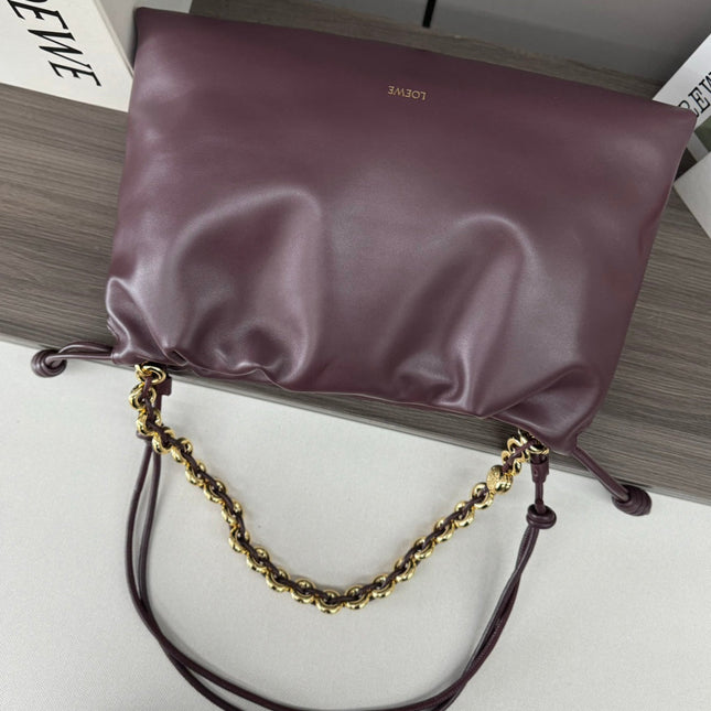LOE LARGE 41 FLAMENCO PURSE BUCKET IN WINE PURPLE LAMBSKIN GOLD HARDWARE