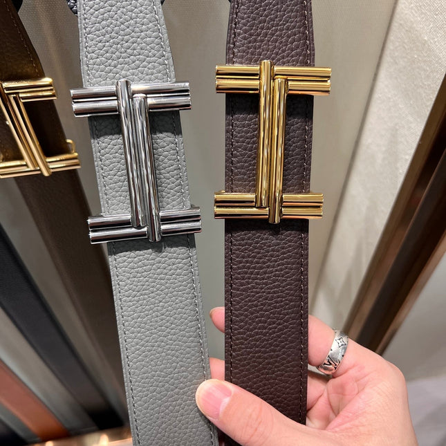 HM TRAVERSE BELT BUCKLE & REVERSIBLE CHOCOLATE BROWN AND BLACK LEATHER STRAP 38 MM GOLD HARDWARE