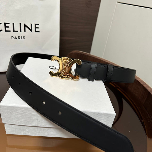 TRIOMPHE BELT 30MM IN BLACK CALFSKIN WITH GOLD BUCKLE
