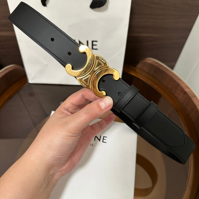 TRIOMPHE BELT 30MM IN BLACK CALFSKIN WITH GOLD BUCKLE