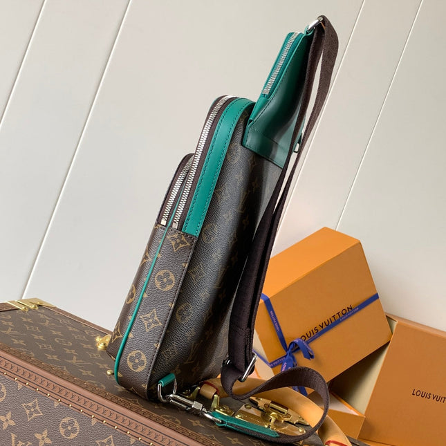 AVENUE SLINGBAG 31 IN BROWN MIX GREEN DAMIER GRAPHITE CANVAS