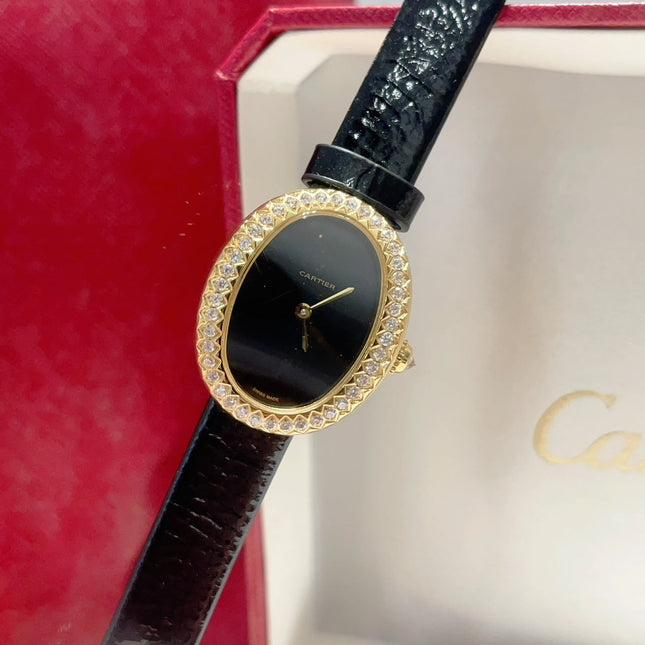 BAIGNOIRE WATCH GOLD CASE AND LEATHER STRAP WITH CRYSTALS