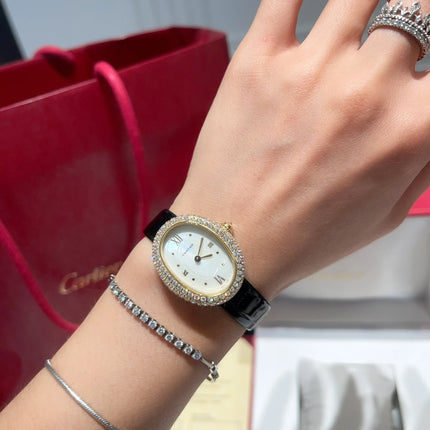BAIGNOIRE WATCH GOLD CASE AND BLACK LEATHER STRAP WITH CRYSTAL