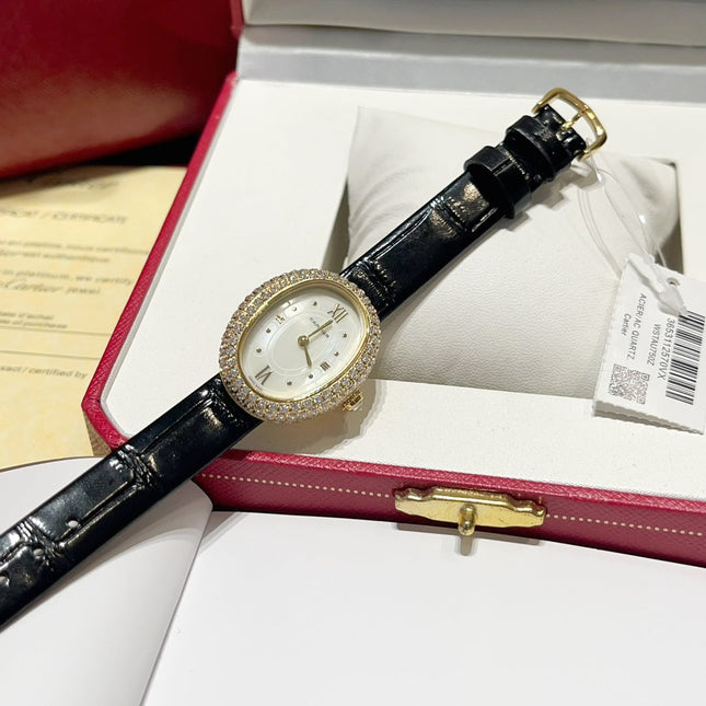 BAIGNOIRE WATCH GOLD CASE AND BLACK LEATHER STRAP WITH CRYSTAL