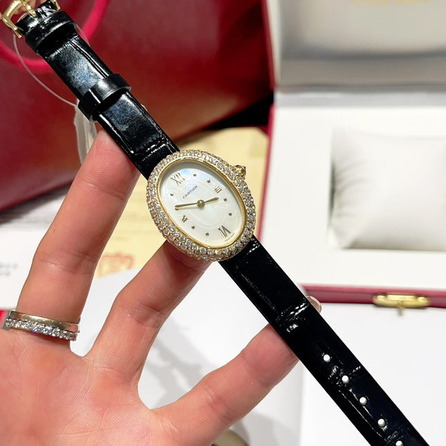 BAIGNOIRE WATCH GOLD CASE AND BLACK LEATHER STRAP WITH CRYSTAL