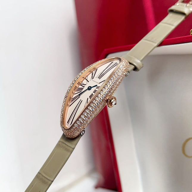 BAIGNOIRE ALLONGÉE WATCH ROSE GOLD CASE WITH WARM GRAY LEATHER STRAP