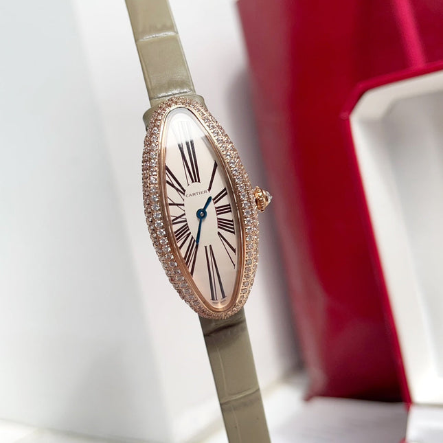 BAIGNOIRE ALLONGÉE WATCH ROSE GOLD CASE WITH WARM GRAY LEATHER STRAP