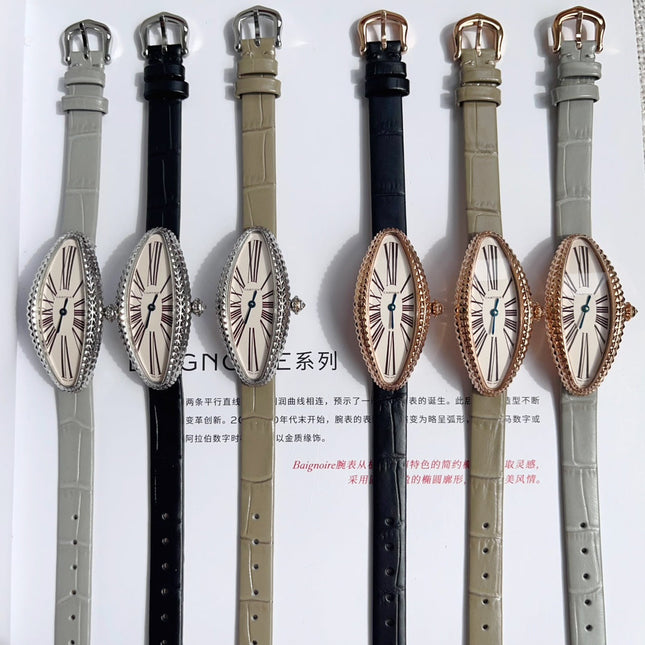 BAIGNOIRE ALLONGÉE WATCH ROSE GOLD CASE WITH WARM GRAY LEATHER STRAP