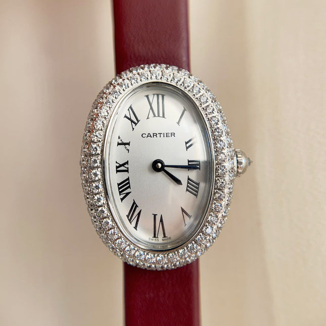 BAIGNOIRE WATCH SILVER CASE WITH CRYSTALS AND JAM RED LEATHER