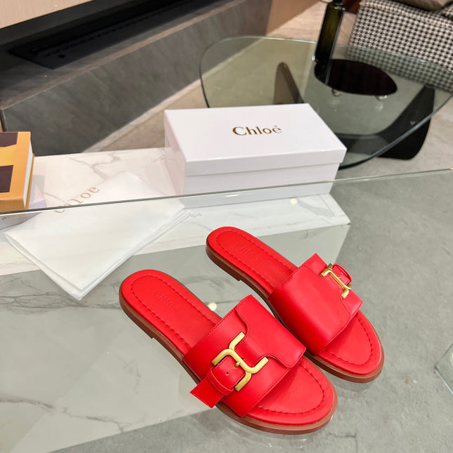 HLOE MARCIE SLIDE IN CHERRY RED CALFSKIN WITH GOLD HARDWARE