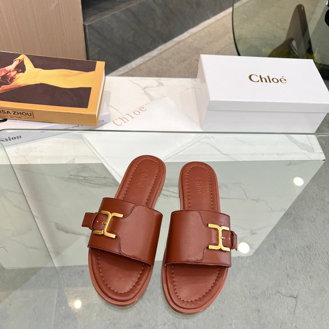 MARCIE SLIDE IN UMBER BROWN CALFSKIN WITH GOLD HARDWARE