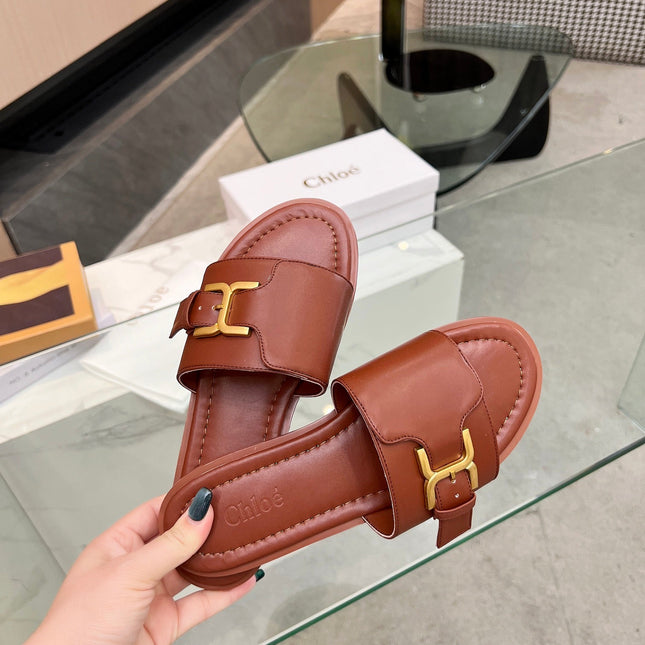 MARCIE SLIDE IN UMBER BROWN CALFSKIN WITH GOLD HARDWARE
