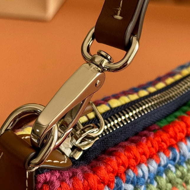 CROCHET SHOULDER BAG 25.5 COLORFUL WOOL WITH BROWN STRAP CALFSKIN