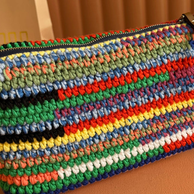 CROCHET SHOULDER BAG 25.5 COLORFUL WOOL WITH BROWN STRAP CALFSKIN