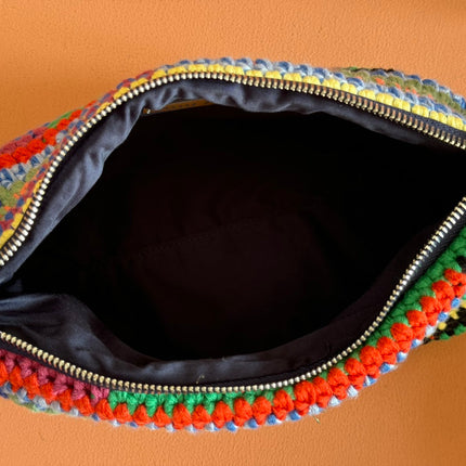 CROCHET SHOULDER BAG 25.5 COLORFUL WOOL WITH BROWN STRAP CALFSKIN