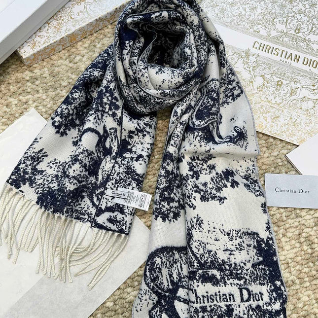 SCARF 220 CM IN NAVY BLUE MIX WHITE MONOGRAM CASHMERE AND WOOL 413656