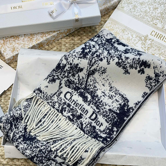 SCARF 220 CM IN NAVY BLUE MIX WHITE MONOGRAM CASHMERE AND WOOL 413656