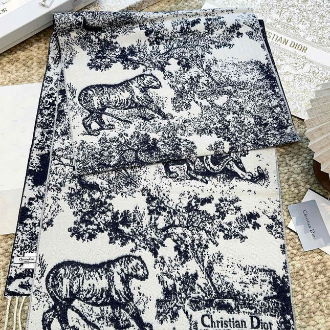SCARF 220 CM IN NAVY BLUE MIX WHITE MONOGRAM CASHMERE AND WOOL 413656