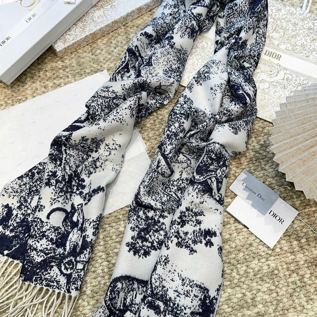 SCARF 220 CM IN NAVY BLUE MIX WHITE MONOGRAM CASHMERE AND WOOL 413656