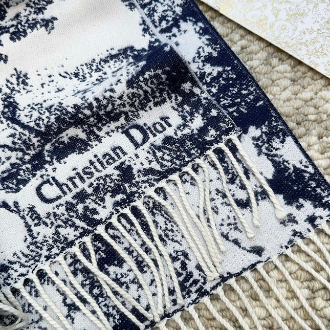 SCARF 220 CM IN NAVY BLUE MIX WHITE MONOGRAM CASHMERE AND WOOL 413656