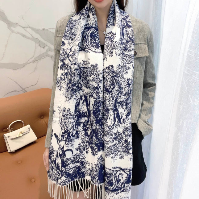 SCARF 220 CM IN NAVY BLUE MIX WHITE MONOGRAM CASHMERE AND WOOL 413656