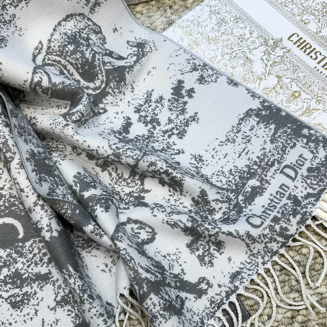 SCARF 220 CM IN WHITE MIX LIGHT GRAY MONOGRAM CASHMERE AND WOOL 413657