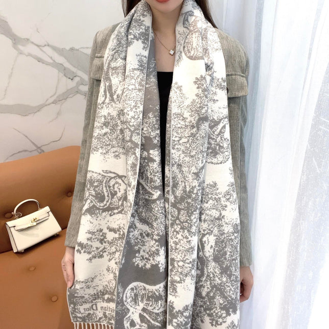 SCARF 220 CM IN WHITE MIX LIGHT GRAY MONOGRAM CASHMERE AND WOOL 413657