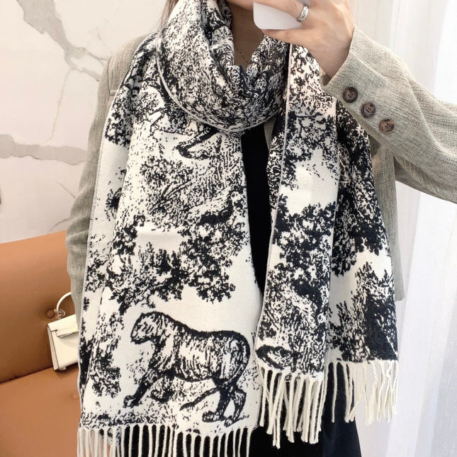 SCARF 220 CM IN BLACK MIX WHITE MONOGRAM CASHMERE AND WOOL 413658