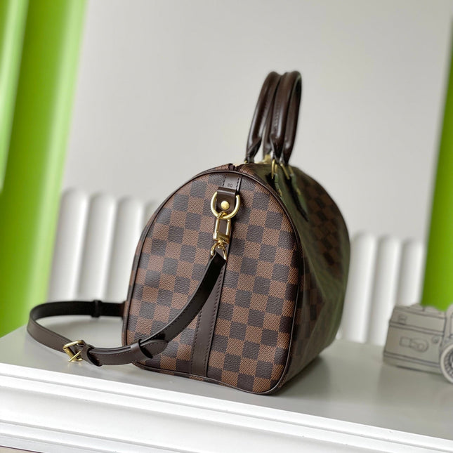 SPEEDY BANDOLIÈRE 30 IN DARK BROWN DAMIER EBENE CANVAS GOLD LOCK