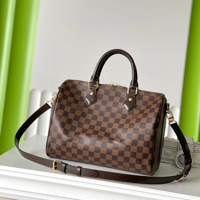 SPEEDY BANDOLIÈRE 30 IN DARK BROWN DAMIER EBENE CANVAS GOLD LOCK
