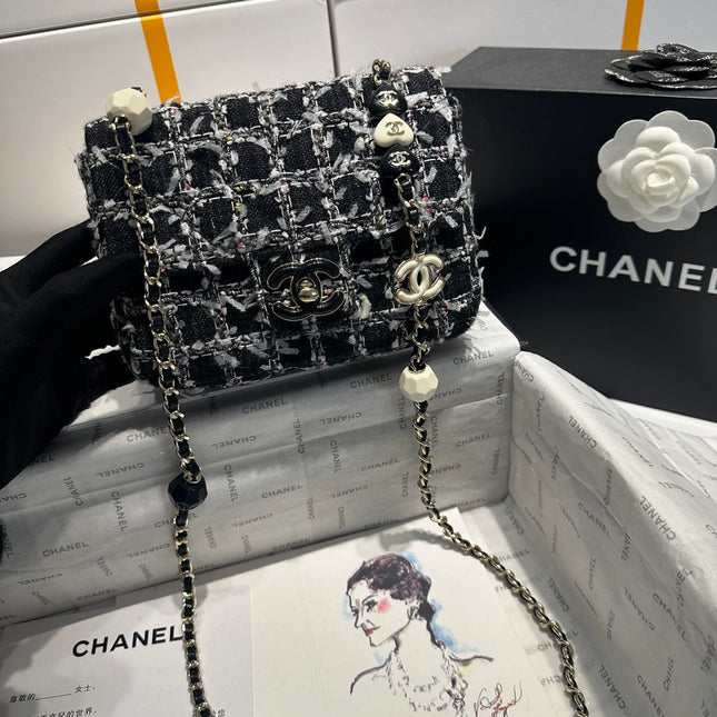 23P Flap Bag Black White Tweed Silver Hardware