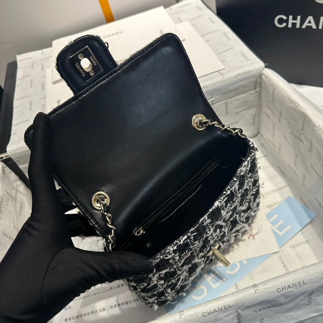 23P Flap Bag Black White Tweed Silver Hardware