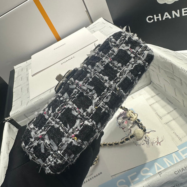 23P Flap Bag Black White Tweed Silver Hardware