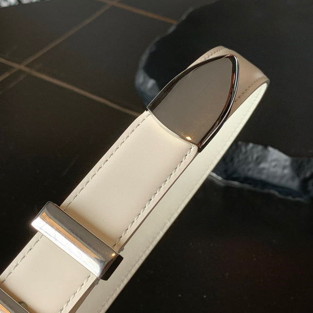 BELT 25MM MEDIUM WESTERN IN IVORY CALFSKIN SILVER GREY BUCKLE
