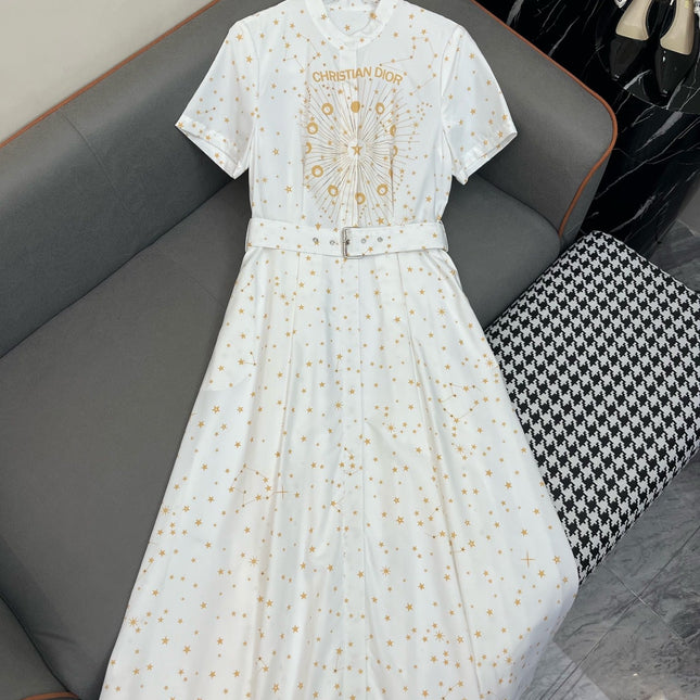 A-LINE BELTED DRESS WITH ROUND NECKLINE PRINTED