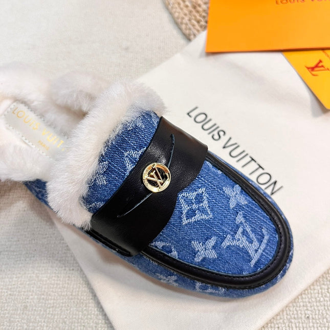 FLAT MULE IN COBALT BLUE MONOGRAM DENIM AND SHEARLING LINING