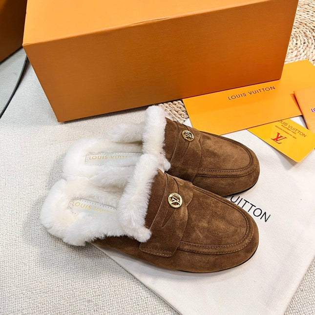 LV COSY FLAT COMFORT CLOG IN RUSSET BROWN SUEDE AND SHEARLING LINING