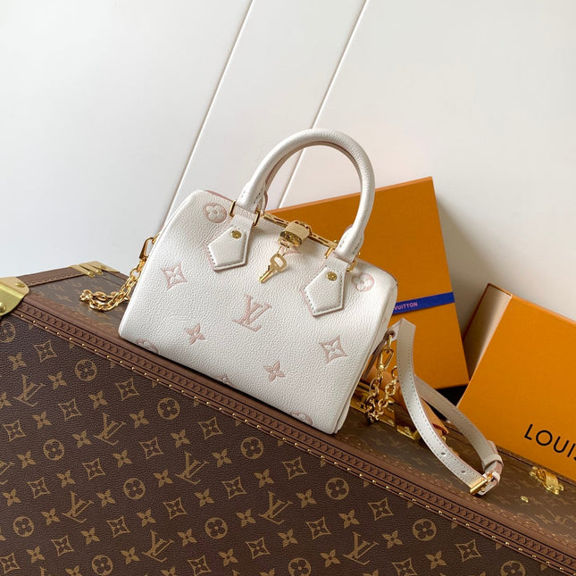 SPEEDY BANDOULIÈRE 21 IN WHITE AND PINK MONOGRAM CANVAS