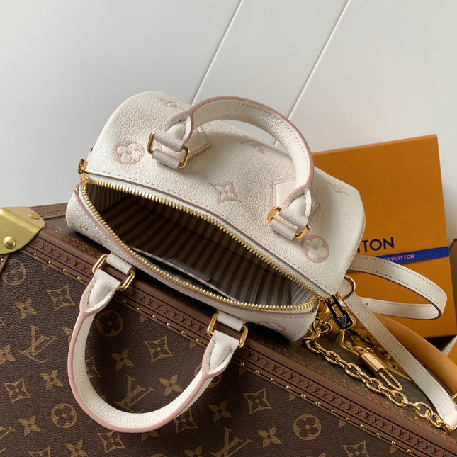 SPEEDY BANDOULIÈRE 21 IN WHITE AND PINK MONOGRAM CANVAS