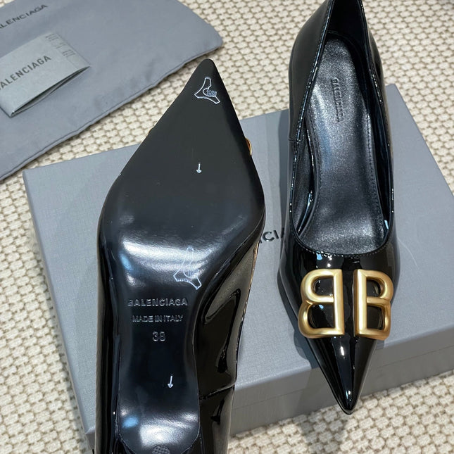 POINTED BB GOLD BUCKLE HIGH PUMPS 60MM IN BLACK PATENT CALFSKIN
