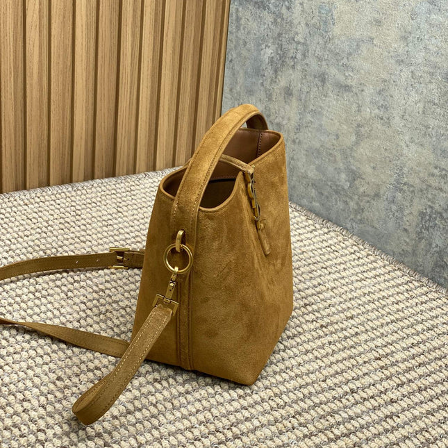 LE 37 SMALL BUCKET BAG 20 IN BROWN SUEDE GOLD HARDWARE