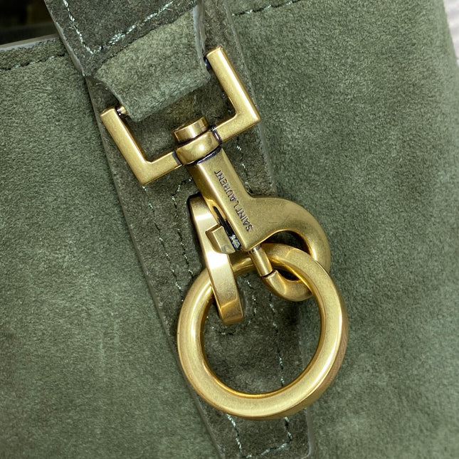 LE 37 SMALL BUCKET BAG 25 IN HUNTER GREEN SUEDE GOLD HARDWARE