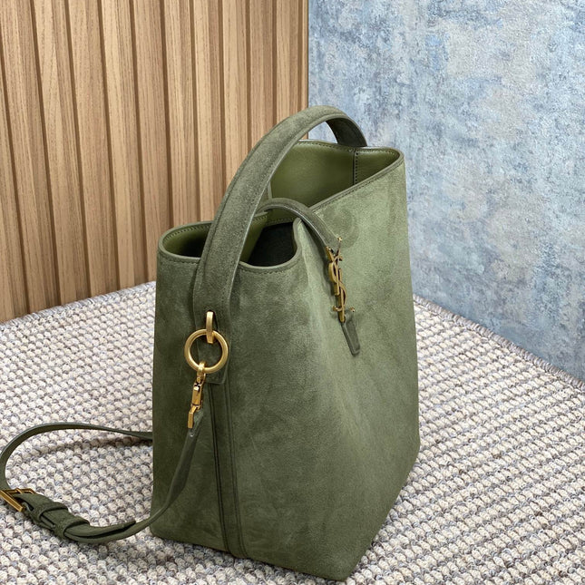 LE 37 SMALL BUCKET BAG 25 IN HUNTER GREEN SUEDE GOLD HARDWARE