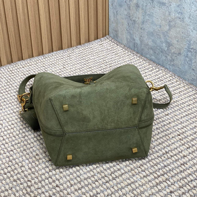 LE 37 SMALL BUCKET BAG 25 IN HUNTER GREEN SUEDE GOLD HARDWARE