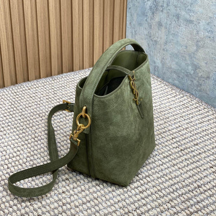 LE 37 SMALL BUCKET BAG 20 IN HUNTER GREEN SUEDE GOLD HARDWARE